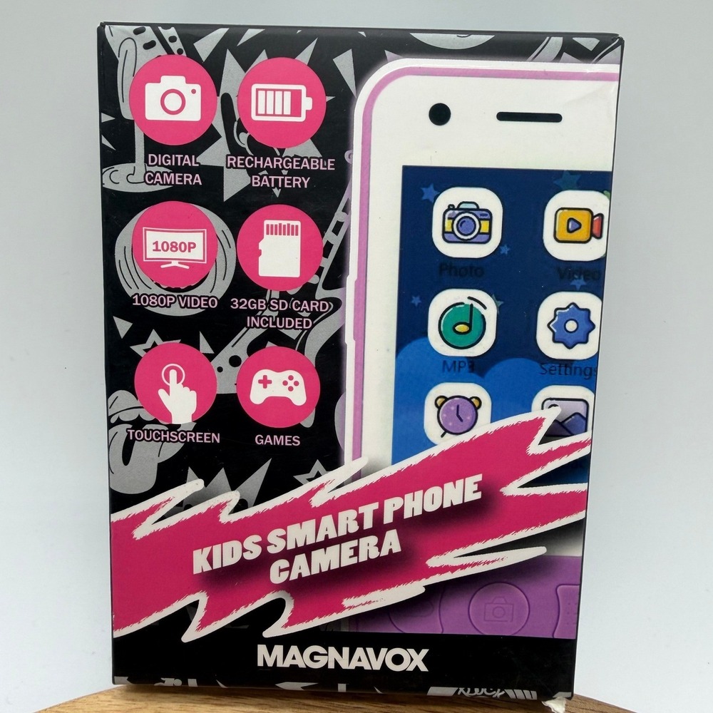 Magnavox Kids Smart Phone Camera Purple Touchscreen 1080P Video 32GB SD Card
